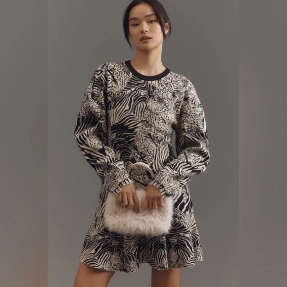 NWT Anthropologie 3/4 Sleeve Ruffled Sweater Knit Mini Dress Black And White - Picture 4 of 10